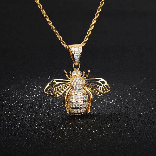 

fashion crystal zircon cute bee necklace men gold plating color chain choker gnat honey bee for women and men hip hop jewelry, Silver