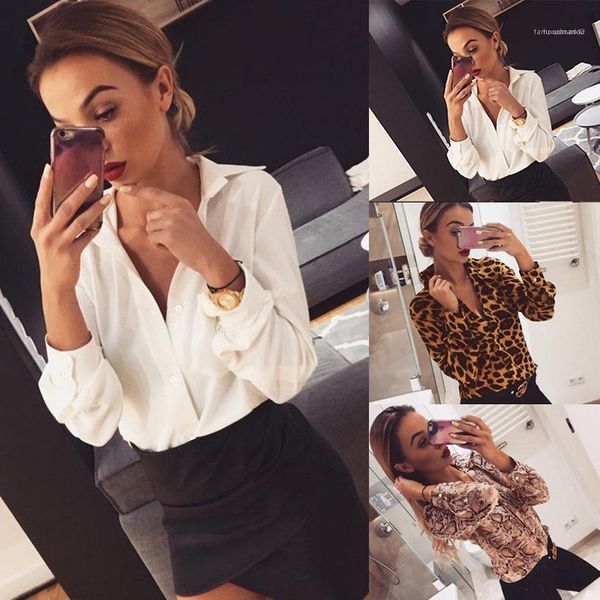 

casual clothing print single breasted shirt ladies long sleeve loose shirt solid color lapel, White