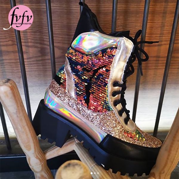 

fvfv] punk platform shoes boots spring big size new rivets womens ankle boots genuine leather chunky heel ladies lace up goth, Black