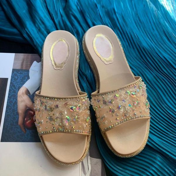 

woman slippers genuine leather fashion slippers summer slides rhinestones hand embroidery flats women shoes round toe, Black