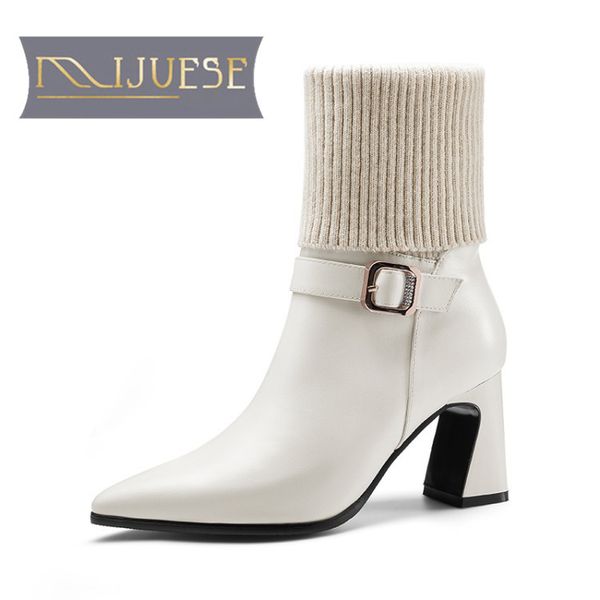 

mljuese 2021 women mid-calf boots cow leather winter short plush pointed toe buckle strap zipper high heels female boots size 39, Black