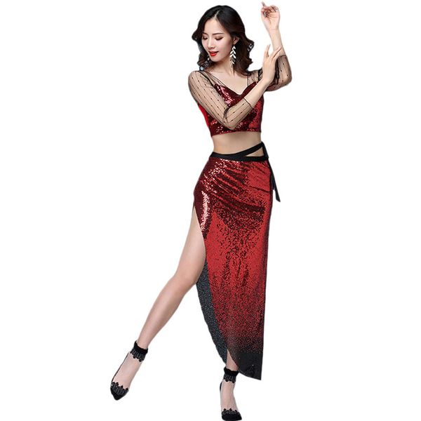 

dance practice clothes autumn and winter new mesh beads bright face hip towel belly dance suit beginner, Black;red