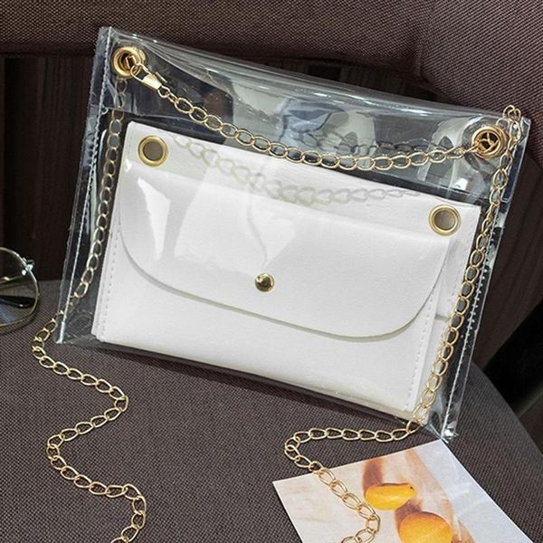 

новые дамы девушка вскользь цепь сумка и кошельки transparent плечо crossbody сумка pu + pvc clear bag сумка 2020