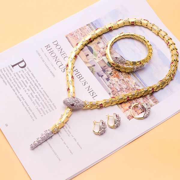 

Luxury Fashion Lady Brass Diamond Zircon Red/Green Eyes Snake Serpent 18K Plated Gold Necklaces Chokers Bangle Earrings Rings Jewelry Sets