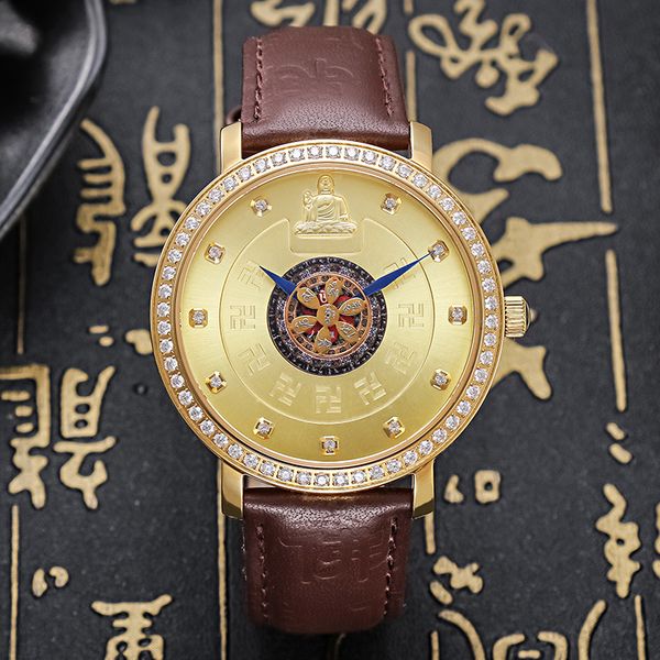 

mens watch buddha watch diamond set mens watch waterproof leather belt quartz mens custom high-end gold, Slivery;brown
