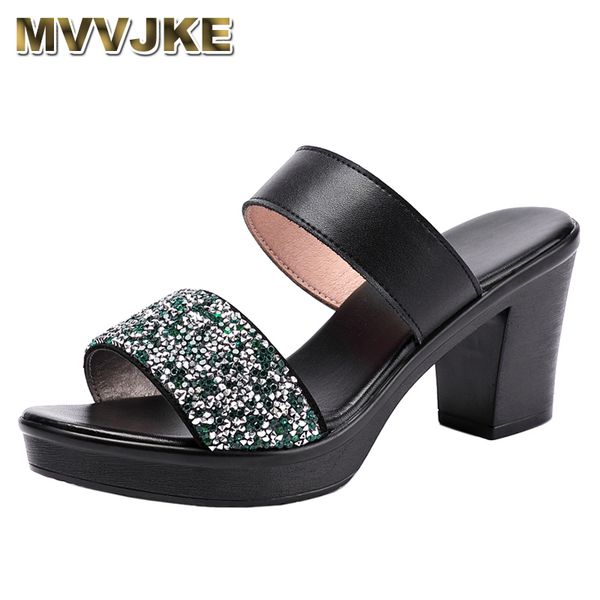 

mvvjke size 35-41 new 2020 ladies summer genuine leather slippers shoes women high heels fashion rhinestone summer shoes, Black