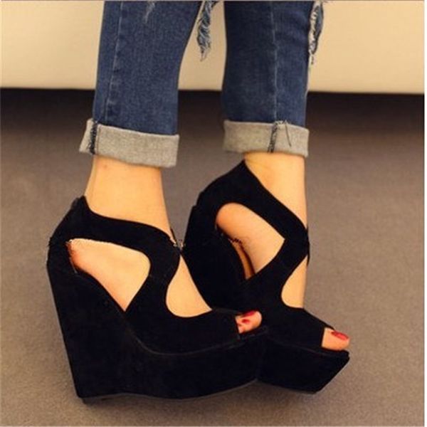 

2020 summer new wedge sandals high heel fish mouth sandals platform shoes rome women's shoes, Black