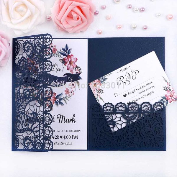 

greeting cards ponatia 20 pcs navy blue laser cut invitations card for wedding bridal shower engagement birthday