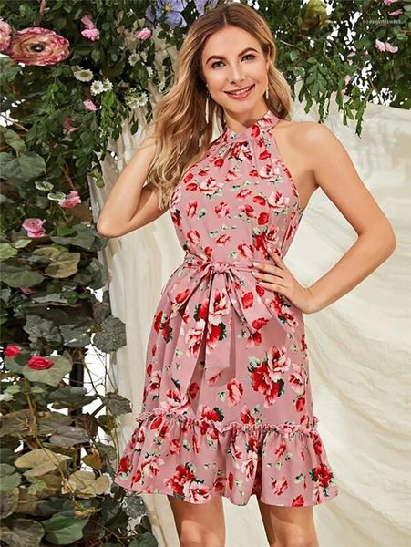 

natural color casual sleeveless dresss women clothes flora print designer womens dresses halter fashion sashes dresses, Black;gray