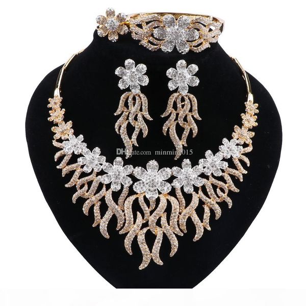 

trend african classic women jewelry gold color necklace earrings bracelet ring set wedding flower style jewelry set, Slivery;golden