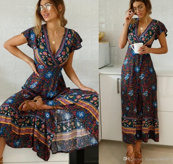 

women boho floral long maxi dress v-neck floral split dress summer beach002, Black;gray
