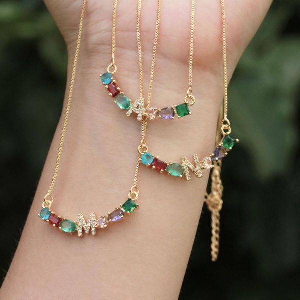 

pendant necklaces 1pcs style rainbow cz cubic zirconia a-z initials letter trendy gold copper chain for women charm jewelry, Silver