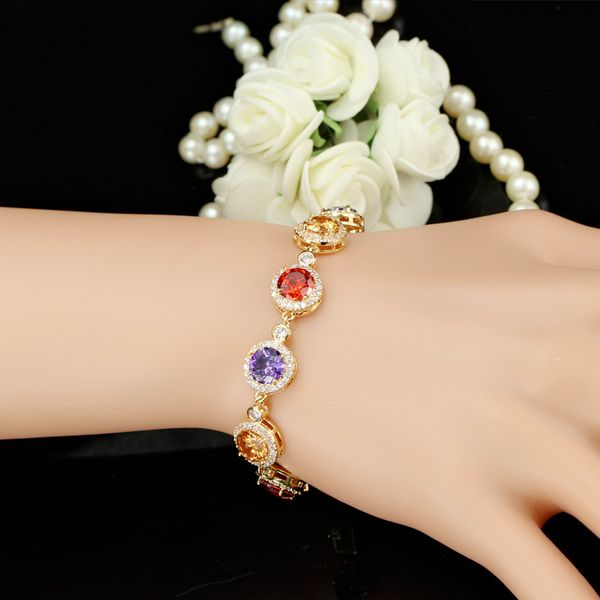 

18.4cm pretty women bracelet set with cubic zirconia stone link chains colorful, Golden;silver