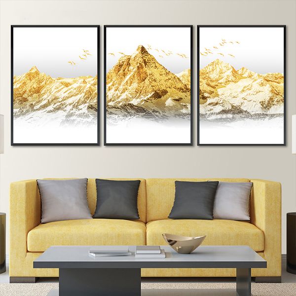

modern abstract gold foil hills landscape acrylic painting prints and posters birds and mountains living room home decoration