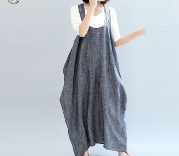 

women 2019 summer straps sleeveless solid baggy backless long dungarees dress cotton linen party beach vestido plus size designer clothes, Black;gray