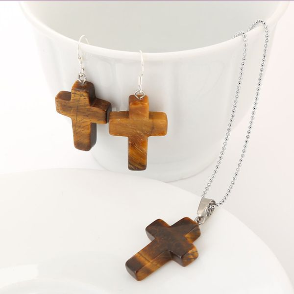 

wholesale 10 pcs silver plated cross shape quartz stone pendant necklace drop earrings classic style jewelry sets