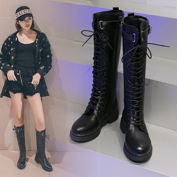 

knight boots women's lace-up high boots 2020 autumn and winter new mid-heel women's shoes long legs and thin women, Black