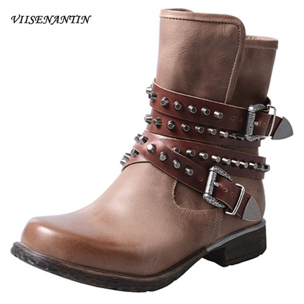 

autumn and winter first layer leather thick-soled thick-heel motorcycle boots british punk old retro rivet short boots, Black