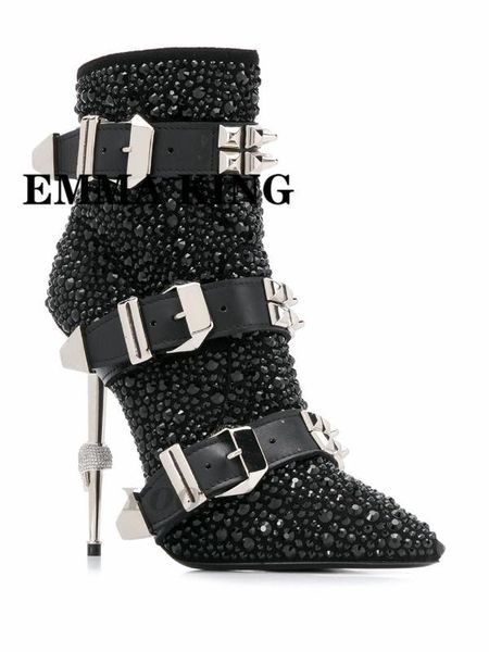 

boots 2021 patent leather women calf pointed-toe rivet crystal iron heel shoes rhinestone blingbling high heels short boot, Black