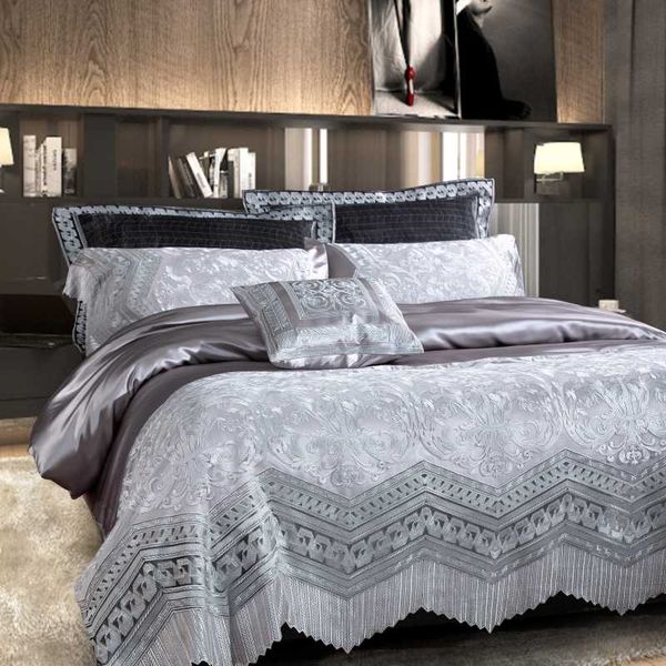 

quality 120s egyptian cotton bedding set  king luxury lace edge royal duvet cover bed sheet set silver grey europe