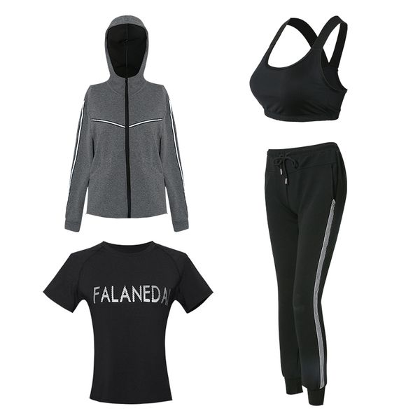 

fitness women yoga set 4 in 1 set yoga bra black sport pants solid letter hoodie gym clothes sport wear running outdoor jog, White;red