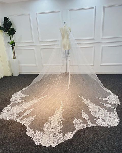 

3 meters cathedral wedding veils lace edge bridal gown white ivory soft tulle white ivory one layer with comb, Black