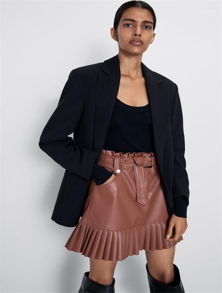 

belt casual mid waist mini skirts womens designer pure color clothing female pu leather skirts tie, Black