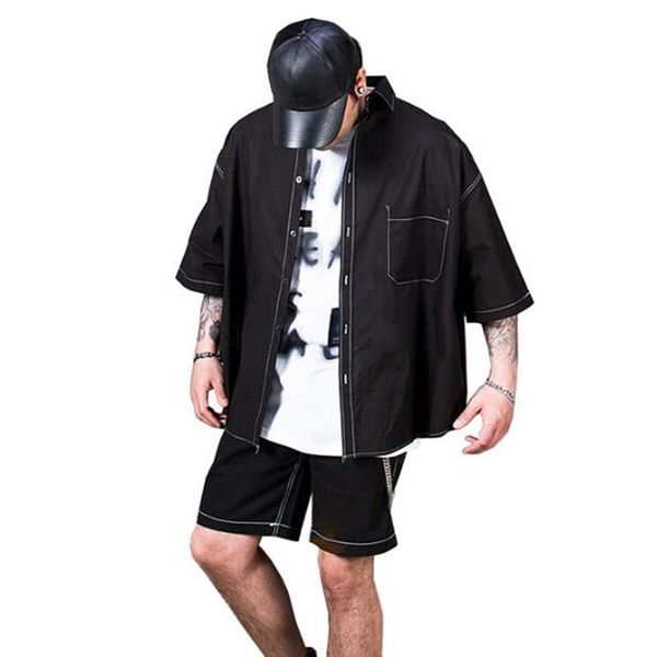 

men's loose fashion shirt men's dark short sleeve shirt large size casual short sleeve, White;black