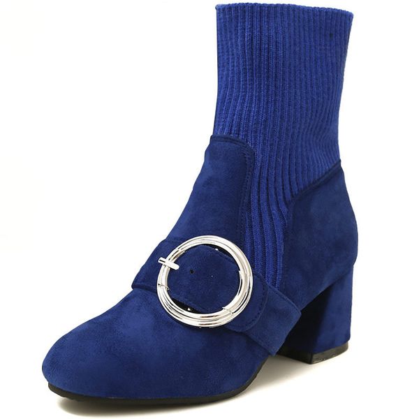 

med heel boots round toe big size shoes woman booties ladies large size leather rubber ankle flock basic solid hoof, Black