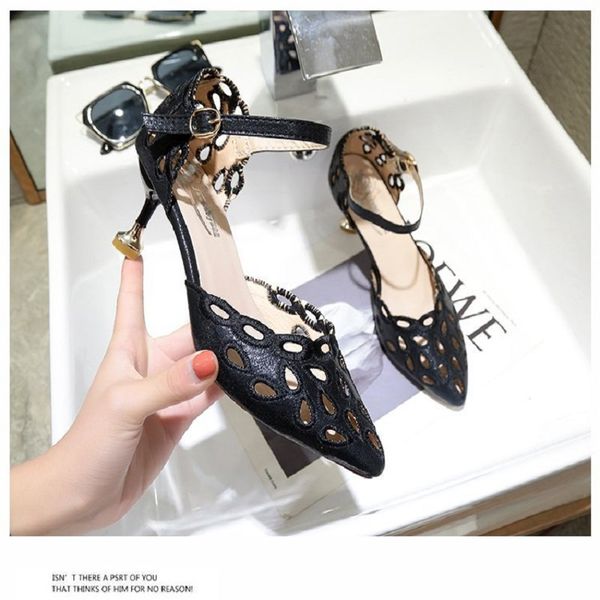 

2020 spring new sandals female korean fashion pointed hollow stiletto single shoes female high-heeled hole shoes women, Black