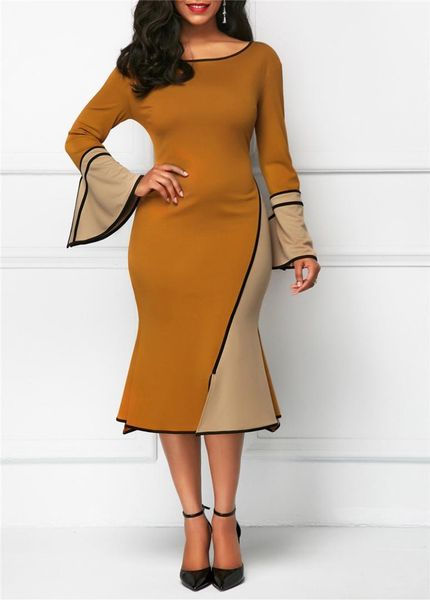 

trumpet dress fashion female contract color dress designer women plus size dress bell sleeve ladis panelled, Black;gray