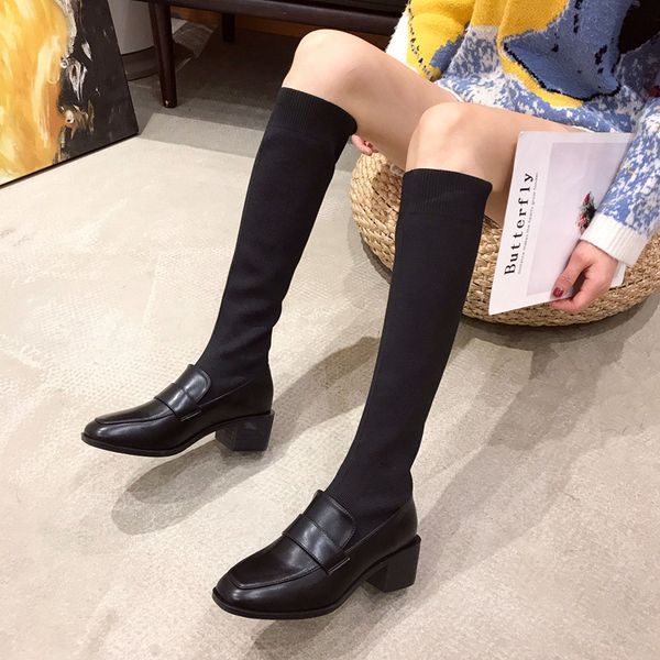 

boots over-the-knee women's thick heel 2021 winter fashion joker high tube woven elastic, Black