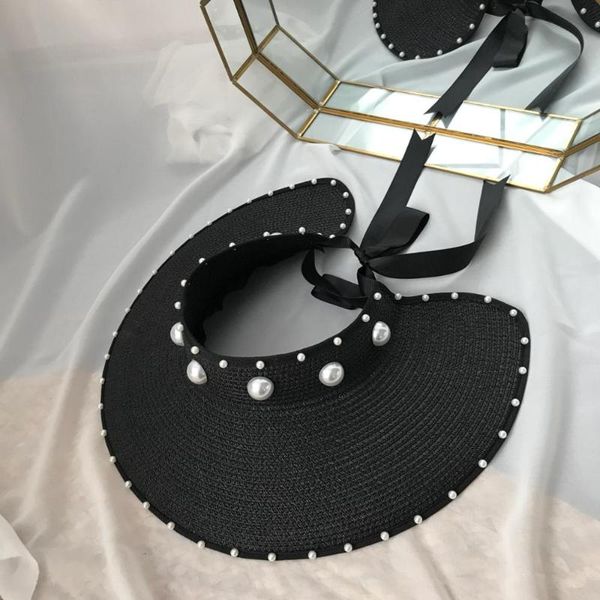 

2020 fashion pearl sun hats women big wide bream straw caps women summer cap empty hat panama beach hat gorras, Blue;gray