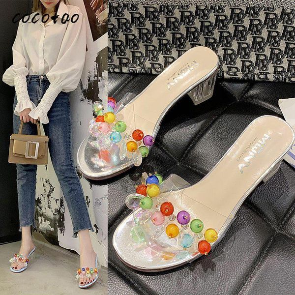 

high-heeled ins slippers female summer 2020 new outer wear fashion students korean version of color beaded sandals, Black