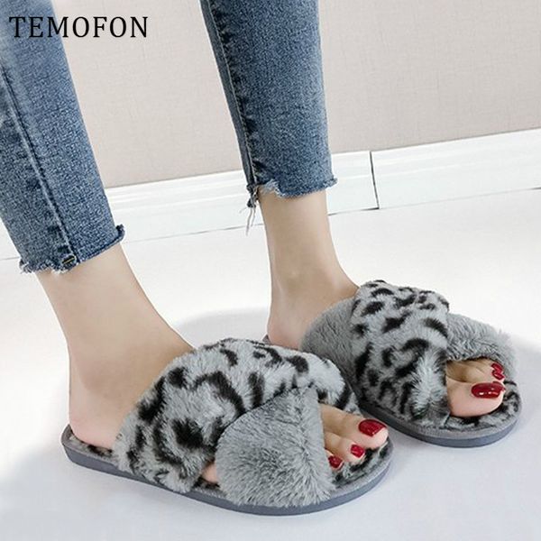 

temofon winter women home slippers faux fur soft warm women shoes slip on leopard flats slides women's house slippers hvt1299, Black