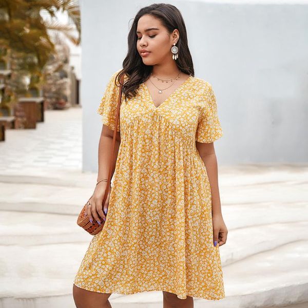 

party dresses fashion plus size dress women's 2021 summer v-neck bohemian print beach ladies yellow short sleeve casual 4xl, White;black