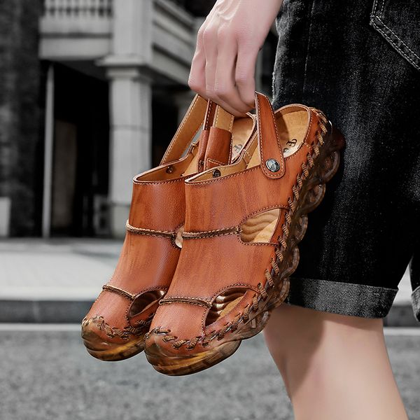 

мужские сандалии дышащий высокого качества из натуральной кожи мужчин лето пляж сандалии резиновые подошва мужчины роман большой размер 38-4, Black