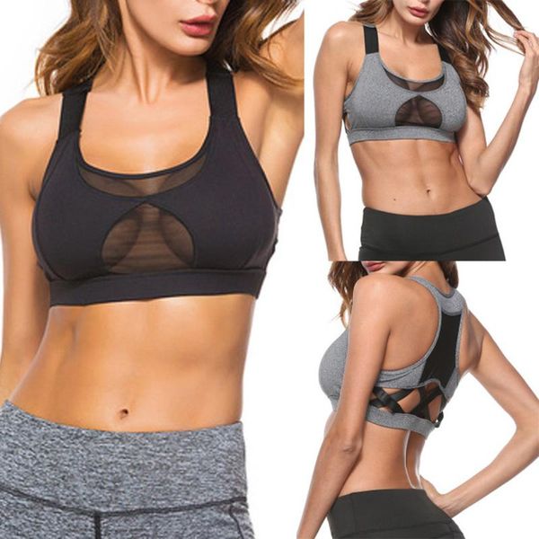 

ladies bralette solid front cross side lace mesh femme sports bra full cup bras vest crop women hollow fitness yoga bra hot, White;black