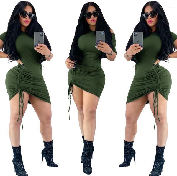 

woman designer luxury clothes female bodycon dress solid color printed crew neck irregular pleated dress, White;black