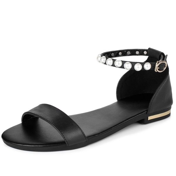 

plus size us4-us10.5 new genuine leather sandals women shoes fashion flat sandals cow leather summer string bead ladies shoes, Black