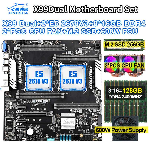 

x99 dual motherboard set with 2*e5-2678 v3 cpu 8*16gb ddr4 ecc reg 2400mhz ram 256gb m.2 ssd and 2*cpu fan 600w power supply