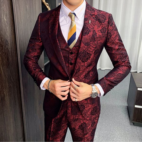 

Plyesxale Navy Blue Burgundy Brown Suits Wedding Tuxedo Smoking Homme Mariage Costume Luxury Mens Stylish 3pcs Jacquard Suit, White;black