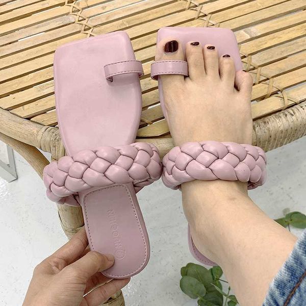 

solid twist knitted clip toe microfiber beach flipflop shoes women fairy slides slip on outside antiskid flat slippers woman2020, Black