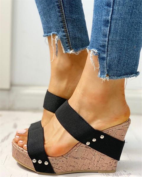 

2020 women's comfortable wedge heel shoes summer sandals women thick bottom high heel shoes women beach, Black