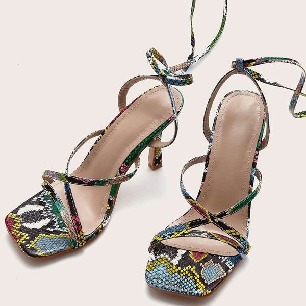 

shoes sandals high heels snakeskin comfort block summer for female fashion stiletto lace up sandals basic animal prints, Black