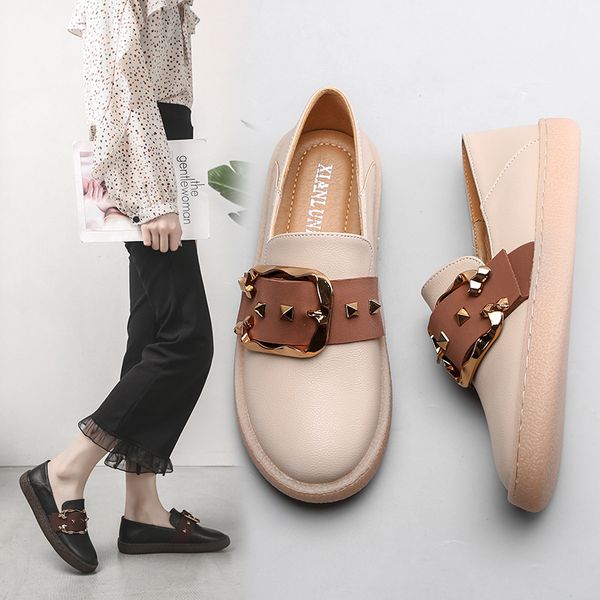 

women rivet loafers retro metal buckle leather belt shoes ladies slip on creepers shallow muffins zapatos mujer sewing moccasin, Black