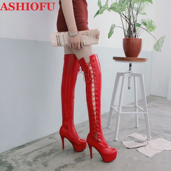 

ashiofu wholesale new women's high heel platform boots crosscriss straps party prom over knee boots evening winter, Black
