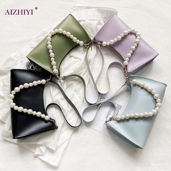 

women solid color handbags pu leather pearl lady elegant shoulder totes bag