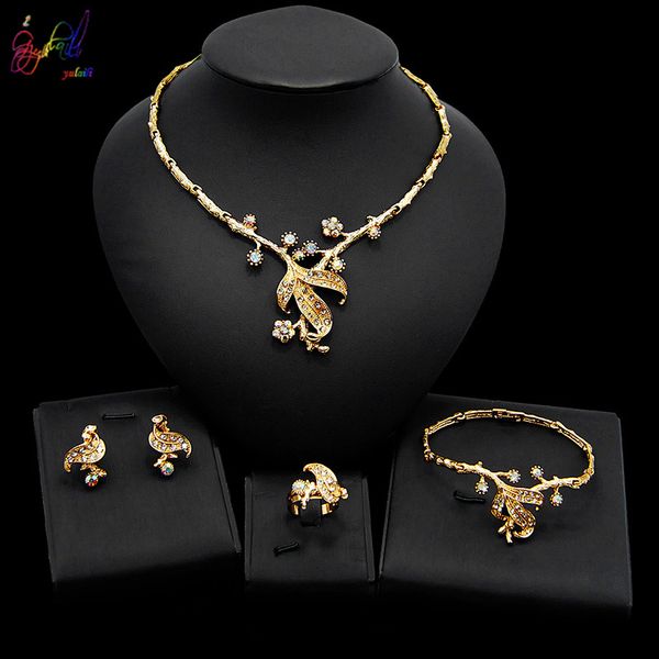

yulaili fashion shiny rhinestones necklace earrings bangle ring for women elegant luxury gold color design wedding jewelry sets, Black