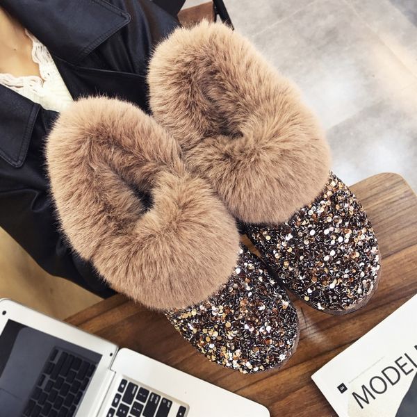 

women winter warm boots antiskid outsole lady snow boots shiny brand fashion style easy wear hairy ankle boots plus, Black